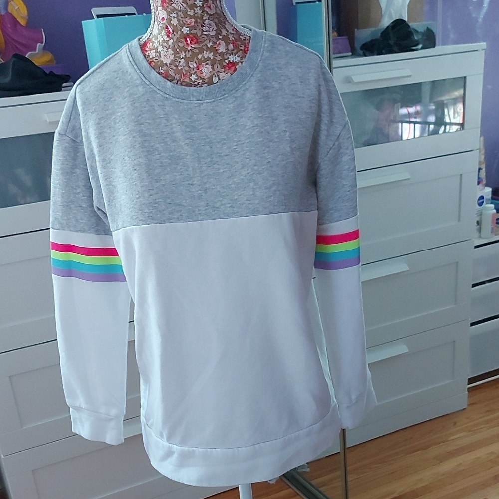 Place Gray and White Sweatshirt with Rainbow Stripes